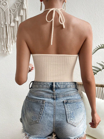 Solid Tie Backless Halter Bodysuit