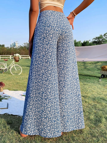 WYWH Spring Break Ditsy Floral Print High Waist Wide Leg Pants