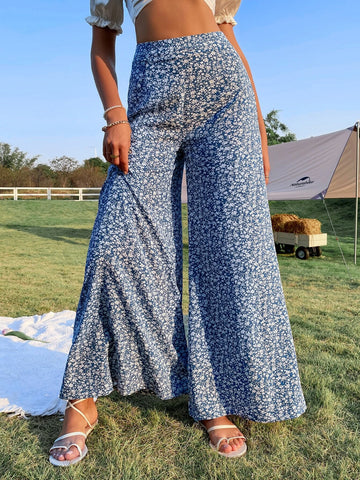 WYWH Spring Break Ditsy Floral Print High Waist Wide Leg Pants