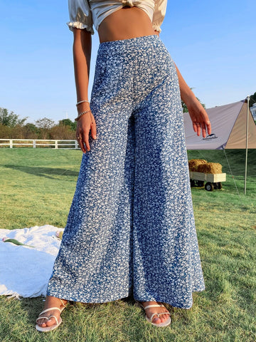 WYWH Spring Break Ditsy Floral Print High Waist Wide Leg Pants