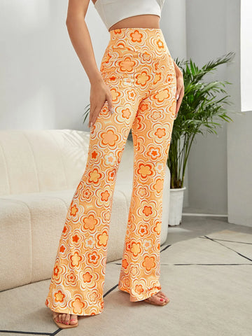 WYWH Summer Boho Style Floral Print Flare Leg Pants