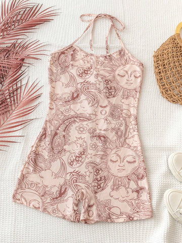 Summer Fashionable Holiday & Music Festival Khaki Colored Sun & Moon Full Print Backless Criss-Cross Tie Strap Jumpsuit