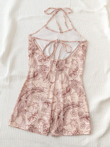 Summer Fashionable Holiday & Music Festival Khaki Colored Sun & Moon Full Print Backless Criss-Cross Tie Strap Jumpsuit