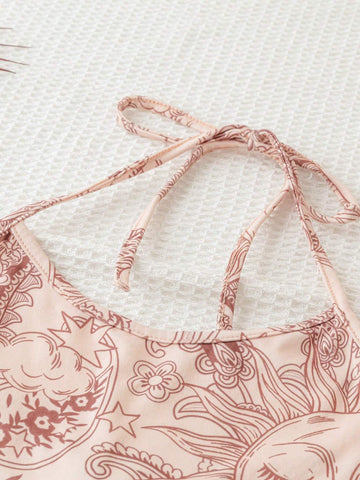 Summer Fashionable Holiday & Music Festival Khaki Colored Sun & Moon Full Print Backless Criss-Cross Tie Strap Jumpsuit