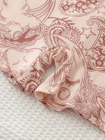 Summer Fashionable Holiday & Music Festival Khaki Colored Sun & Moon Full Print Backless Criss-Cross Tie Strap Jumpsuit