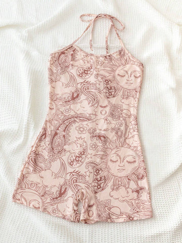 Summer Fashionable Holiday & Music Festival Khaki Colored Sun & Moon Full Print Backless Criss-Cross Tie Strap Jumpsuit