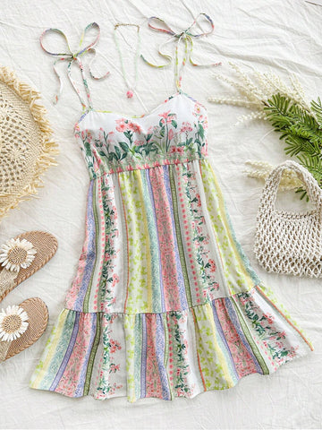 Summer Holiday Women's Loose Fit Short Casual Dress, With Colorful Flowers Print, Shoulder Straps, Bowknot, Ruffle Hem And Patchwork Design In Romantic Countryside Style