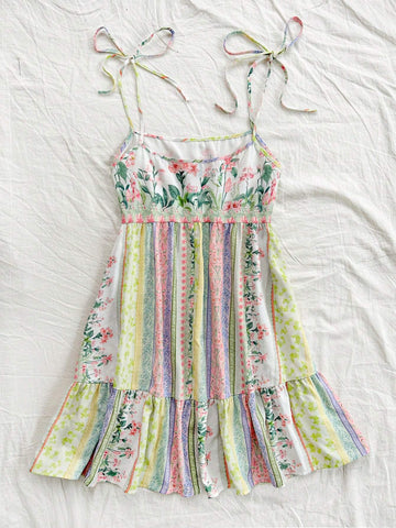 Summer Holiday Women's Loose Fit Short Casual Dress, With Colorful Flowers Print, Shoulder Straps, Bowknot, Ruffle Hem And Patchwork Design In Romantic Countryside Style