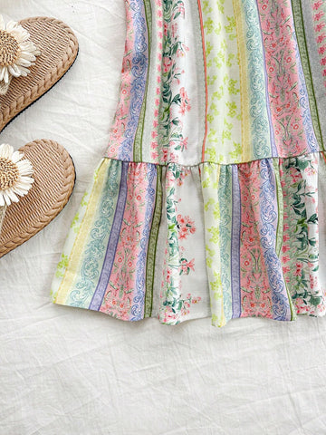 Summer Holiday Women's Loose Fit Short Casual Dress, With Colorful Flowers Print, Shoulder Straps, Bowknot, Ruffle Hem And Patchwork Design In Romantic Countryside Style