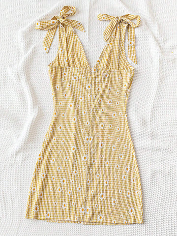 Summer Vacation V-Neck Daisy Checkered Shoulder Tie A-Line Dress
