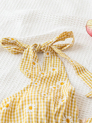 Summer Vacation V-Neck Daisy Checkered Shoulder Tie A-Line Dress