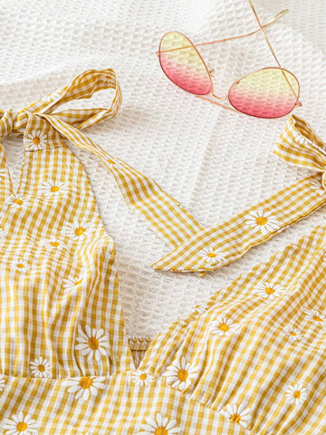 Summer Vacation V-Neck Daisy Checkered Shoulder Tie A-Line Dress