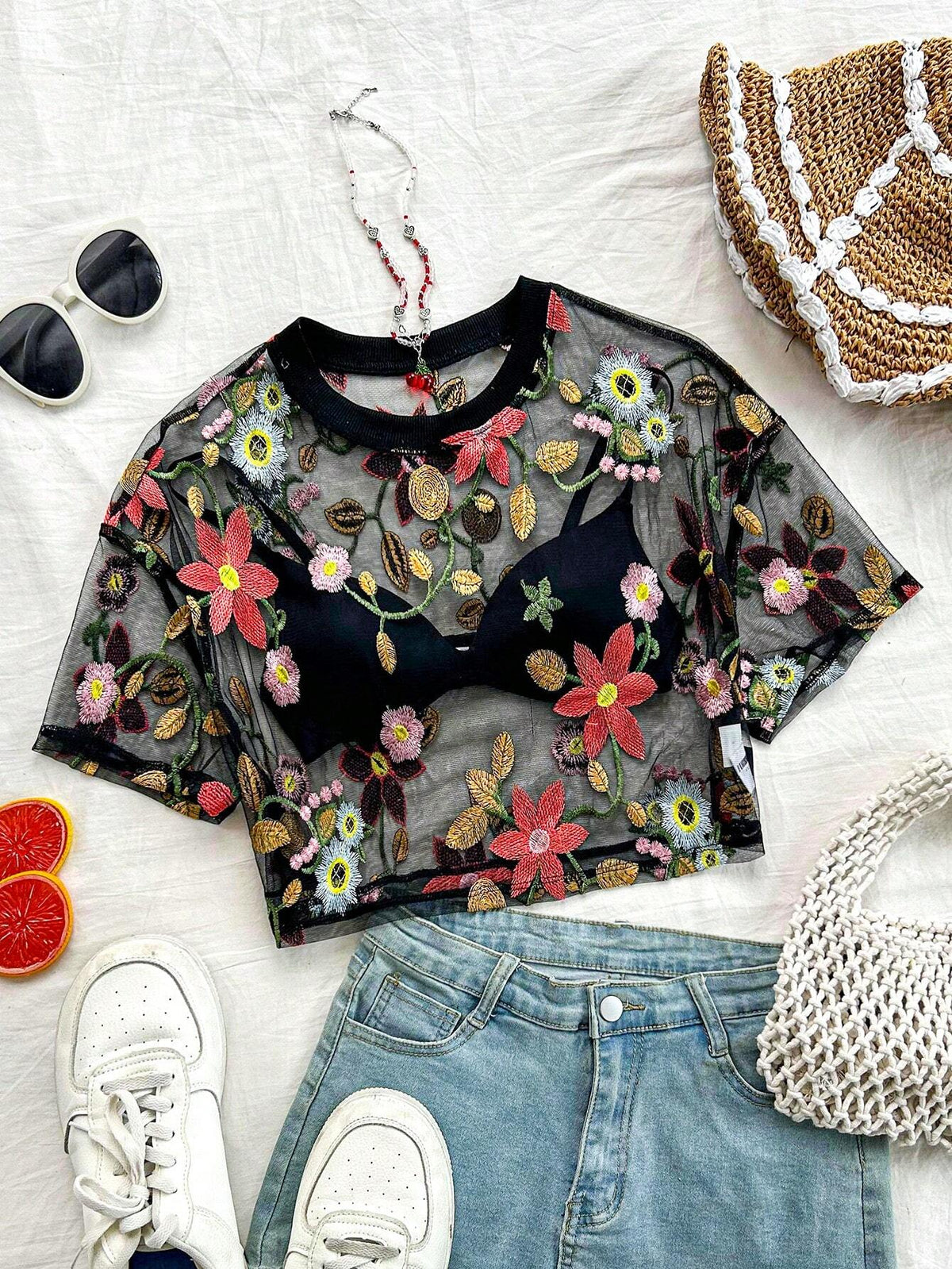 Summer Vacation Women Floral Embroidery Fashion Women Top,Ladies Sexy Lettuce