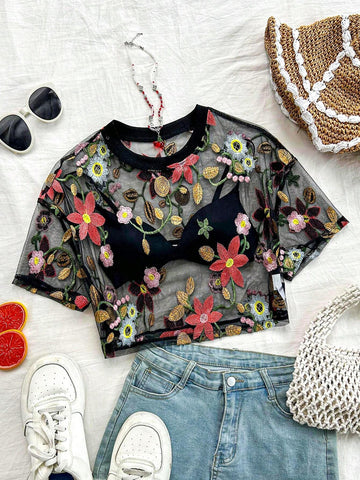 Summer Vacation Women Floral Embroidery Fashion Women Top,Ladies Sexy Lettuce