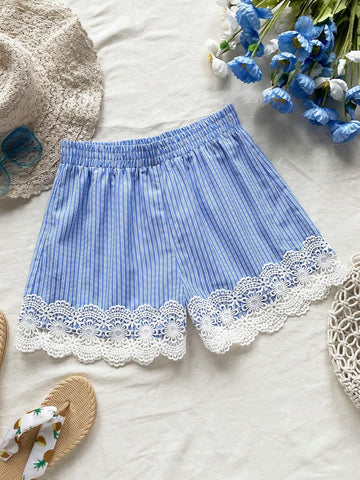 WYWH Summer Vacation Women's Leisure Blue & White Striped High Waist Detail Elastic Splicing Lace Waist Shorts