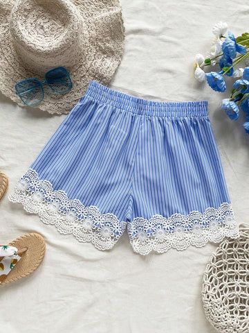 WYWH Summer Vacation Women's Leisure Blue & White Striped High Waist Detail Elastic Splicing Lace Waist Shorts