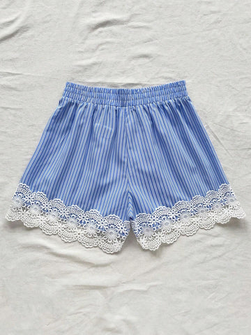 WYWH Summer Vacation Women's Leisure Blue & White Striped High Waist Detail Elastic Splicing Lace Waist Shorts