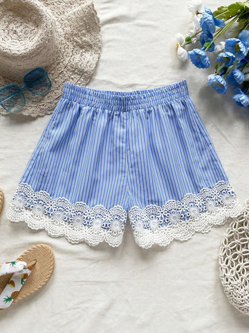 WYWH Summer Vacation Women's Leisure Blue & White Striped High Waist Detail Elastic Splicing Lace Waist Shorts