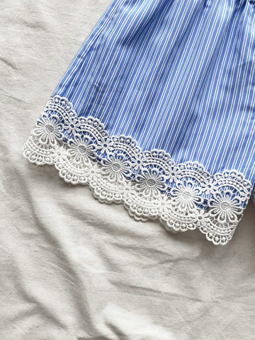 WYWH Summer Vacation Women's Leisure Blue & White Striped High Waist Detail Elastic Splicing Lace Waist Shorts