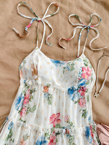 Summer Vacation Women's Romantic Country Style Short Dress With White Base And Colorful