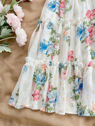 Summer Vacation Women's Romantic Country Style Short Dress With White Base And Colorful