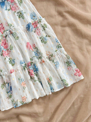 Summer Vacation Women's Romantic Country Style Short Dress With White Base And Colorful