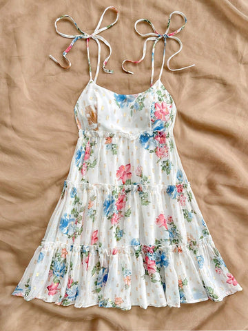 Summer Vacation Women's Romantic Country Style Short Dress With White Base And Colorful