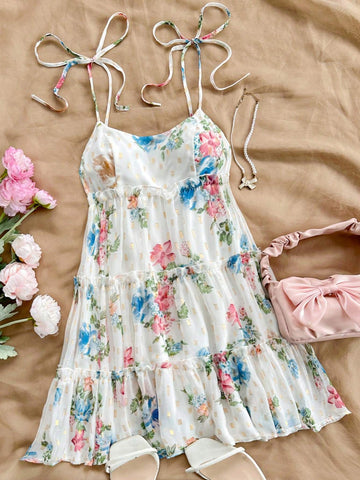 Summer Vacation Women's Romantic Country Style Short Dress With White Base And Colorful
