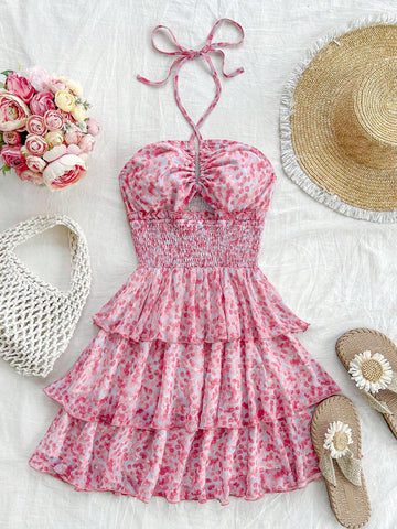 Summer Vacation Women's Romantic Countryside Colorful Chiffon Ditsy Floral Mini Dress With
