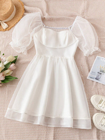 Summer Wedding Season Solid Color Bubble Sleeve Organza Square Neckline Flared Dress