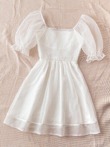 Summer Wedding Season Solid Color Bubble Sleeve Organza Square Neckline Flared Dress