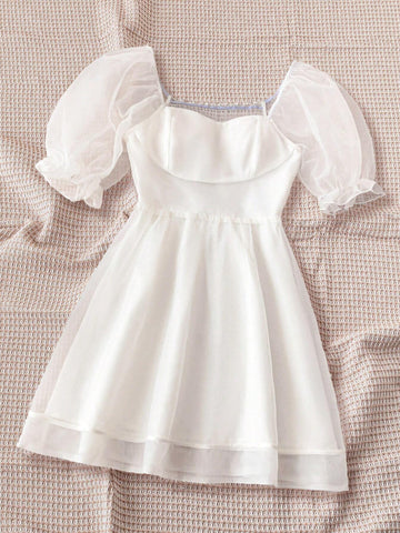 Summer Wedding Season Solid Color Bubble Sleeve Organza Square Neckline Flared Dress