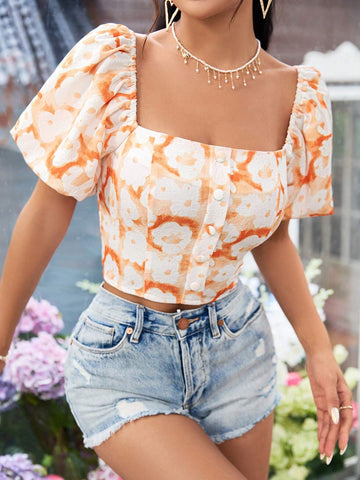 Textured Floral Print Puff Sleeve Sweet Summer Women Blouse Bridgerton Style Dress