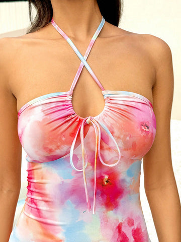 Tie-Dye Bodycon Halter Neck Vacation Dress