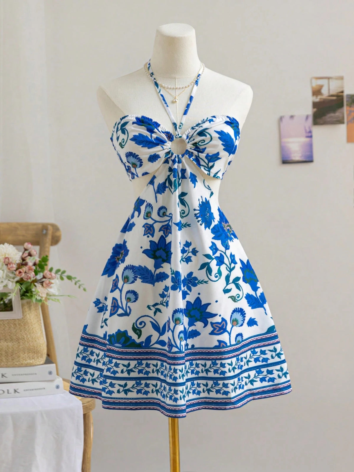 Vacation Blue & White Floral Print Halter Drawstring Hollow Out Waist Casual Dress For Women SKU: sz2410246426804961