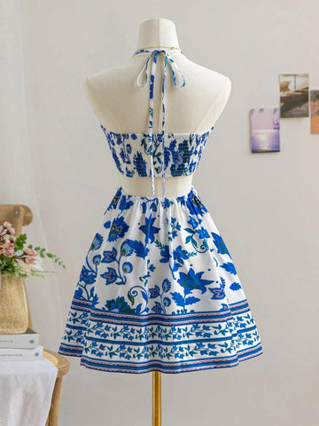 Vacation Blue & White Floral Print Halter Drawstring Hollow Out Waist Casual Dress For Women SKU: sz2410246426804961