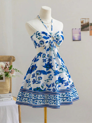 Vacation Blue & White Floral Print Halter Drawstring Hollow Out Waist Casual Dress For Women SKU: sz2410246426804961
