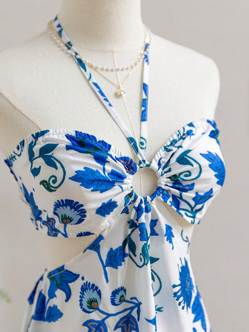 Vacation Blue & White Floral Print Halter Drawstring Hollow Out Waist Casual Dress For Women SKU: sz2410246426804961