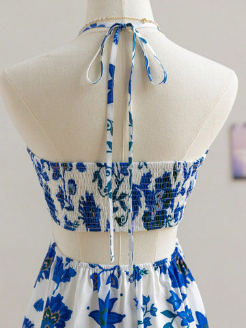 Vacation Blue & White Floral Print Halter Drawstring Hollow Out Waist Casual Dress For Women SKU: sz2410246426804961