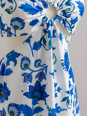 Vacation Blue & White Floral Print Halter Drawstring Hollow Out Waist Casual Dress For Women SKU: sz2410246426804961