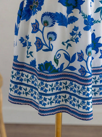 Vacation Blue & White Floral Print Halter Drawstring Hollow Out Waist Casual Dress For Women SKU: sz2410246426804961