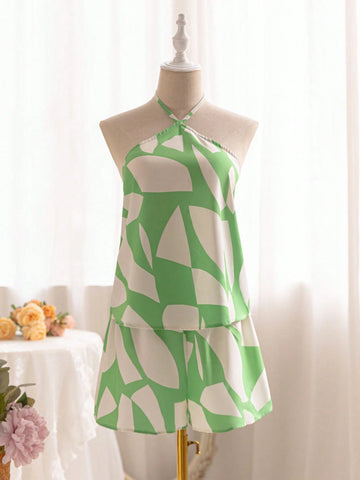 Vacation Casual Random Print Halter Top And Shorts Loose Fitting 2pcs/Set