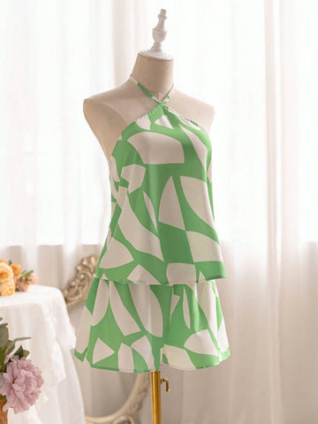 Vacation Casual Random Print Halter Top And Shorts Loose Fitting 2pcs/Set