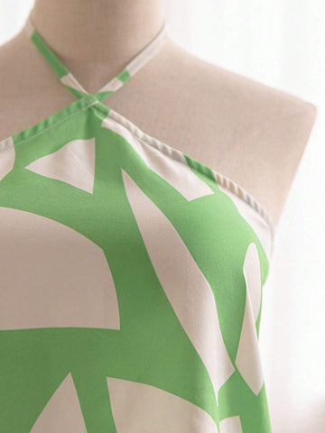 Vacation Casual Random Print Halter Top And Shorts Loose Fitting 2pcs/Set