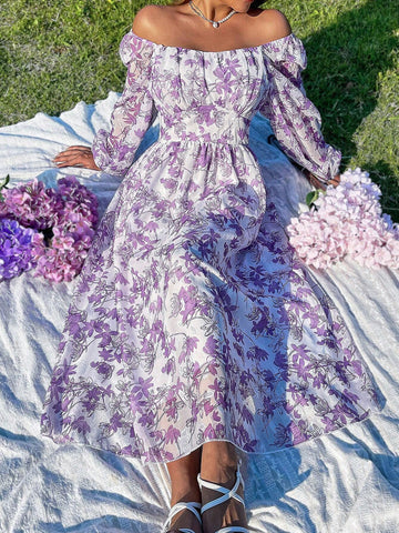 Vacation Chiffon Flower Print Dress With Ruched Bust And Romantic Long Lantern Sleeves
