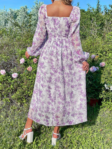 Vacation Chiffon Flower Print Dress With Ruched Bust And Romantic Long Lantern Sleeves