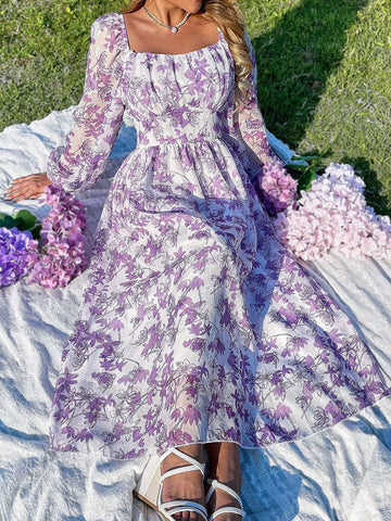 Vacation Chiffon Flower Print Dress With Ruched Bust And Romantic Long Lantern Sleeves