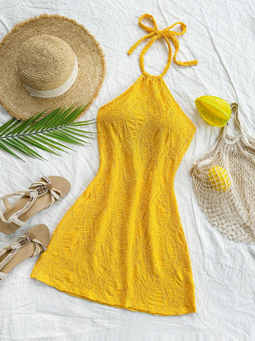 Vacation Halter Backless Textured Fabric Dress
