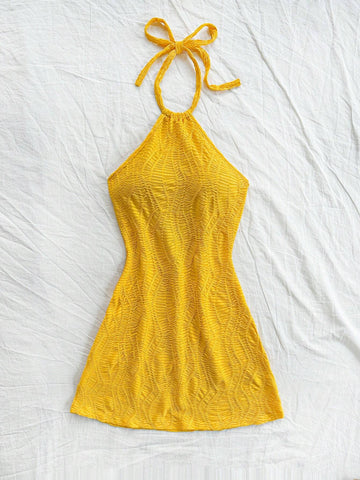 Vacation Halter Backless Textured Fabric Dress