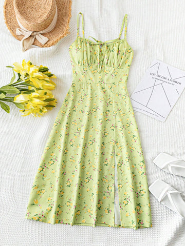 Vacation Leisure Ditsy Floral Print Split Strap Dress